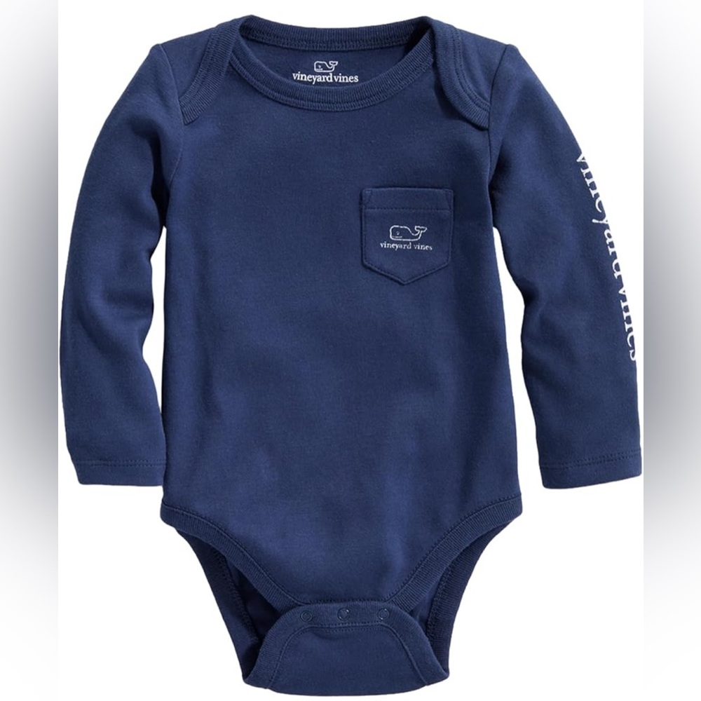 Vineyard Vines Navy 6-12 Months Baby Infant Graphic Logo Pocket Onesie Bodysuit